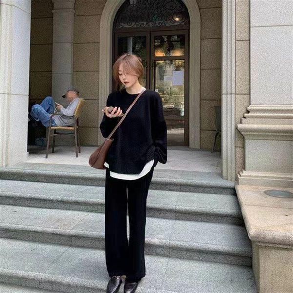

women's two piece pants 2021 autumn and winter leisure suit fake two-piece elegant knitted wide-leg younger fashion set, White