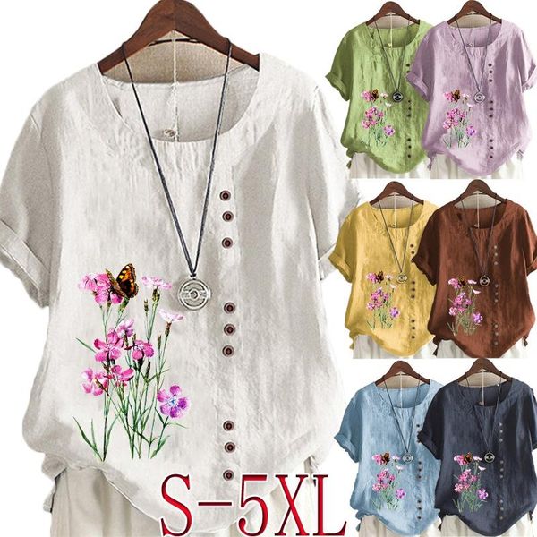 

women's t-shirt plus size fashion solid color plant printed short sleeve casual round neck pullover ladies summer, White