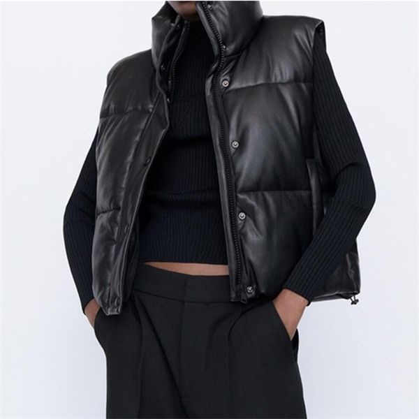 

black parka vest women's waistcoat winter jacket sleeveless stand collar adjustable hem pu leather women coat 211008