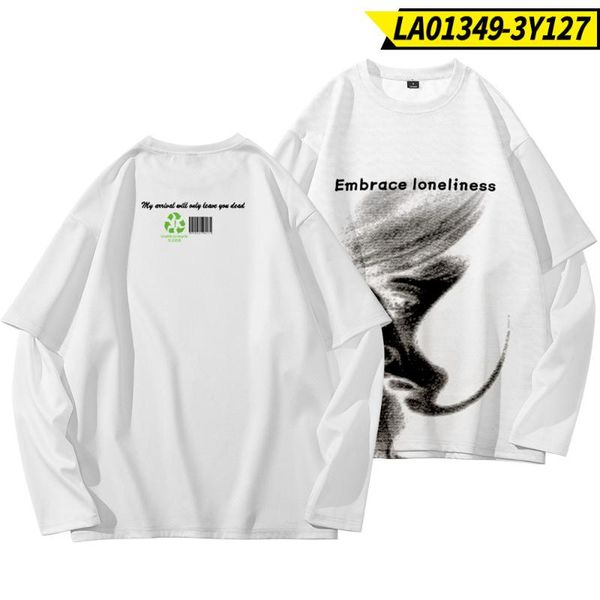 

men's t-shirts spring autumn men long sleeve fake two-piece t shirt fashion 2021 tees hip hop white print clothes oversized 6xl, White;black