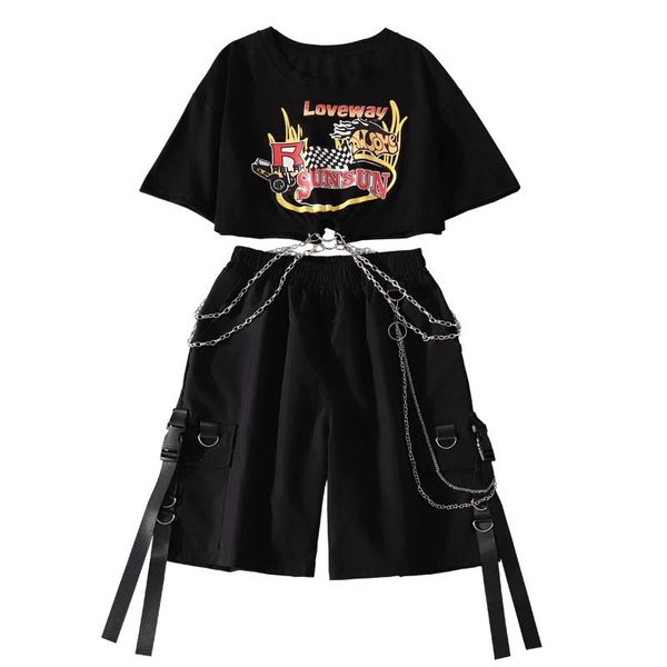 

women's pants & capris streetwear chian t shirt+ chain ribbon cargo shorts for summer female loose straight casual short elastic waist, Black;white