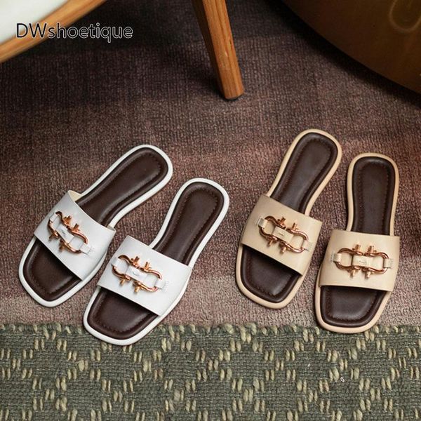 

sandals summer fashion genuine leather square toe buckle women slides casual peep flat, Black