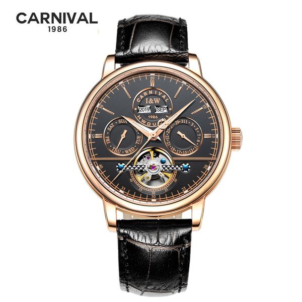 

carnival rose gold steel case automatic mechanical watches men multifunctional waterproof leather business clock 2021 new, Slivery;brown