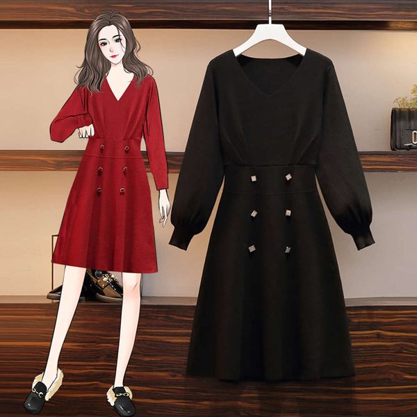 

red french dress women's 2021 spring new large women's dress fat mm new year bottom knitted skirt, Black;gray