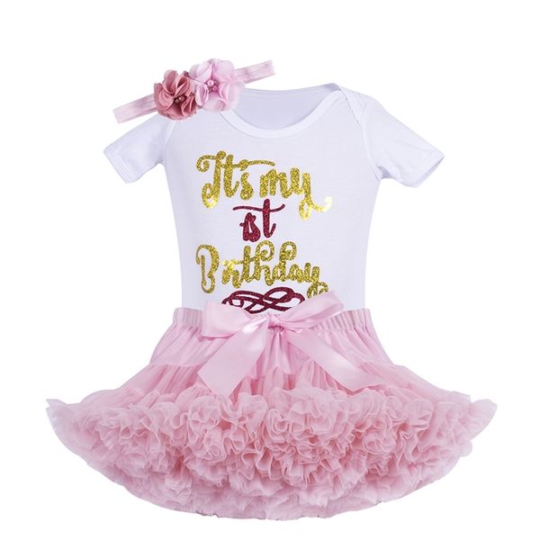 Bebek Kız Doğum Günü Kıyafetler Bebek 1ST Parti Tutu Giysi Kafa Bandı Ile Set Beyaz Bodysuit Pettiskirt Suit Için Bebek 210806