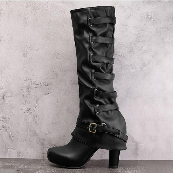 

boots shoes women over the knee autumn winter pu leather high heels western long platform ladies thigh, Black