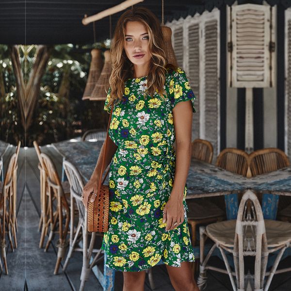 

fashion ladies summer lace up floral print women 2021 new bohemian above knee mini high waist short sleeve ipmw, Black;gray