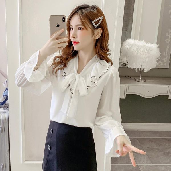 

coigarsam full sleeve blouse women new spring solid chiffon v-neck blusas womens and blouses white black 8050