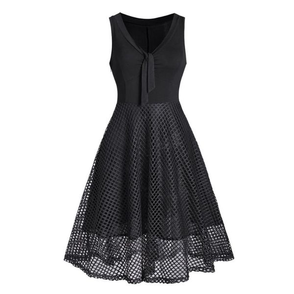 

casual dresses 2021 v neck sleeveless women retro dress knot fishnet overlay rockabilly swing vestidos 60s female vintage, Black;gray
