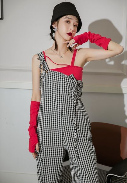 

2021 new plaid jumpsuit ruched romper summer suspenders salopette femme overalls for women fashion clothes b3ek, Black;white