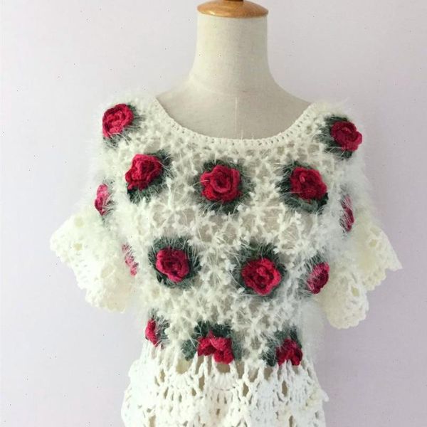 

handmade crochet sweaters women 2021 vintage ethnic mohair hollow out rose floral butterfly sleeve pullover white black 2052