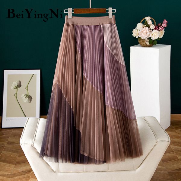 

beiyingni tutu tulle skirts womens spell color mesh elastic high waist dance maxi long charming midi skirt pleated princess saia 210303, Black