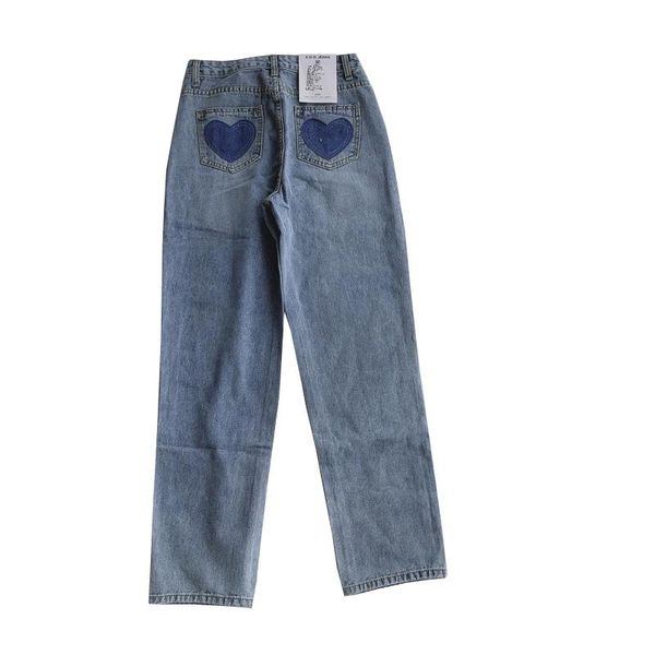 

women's jeans spring vintage women harajuku cute girl loving heart female high wiast straight leg pants tide, Blue