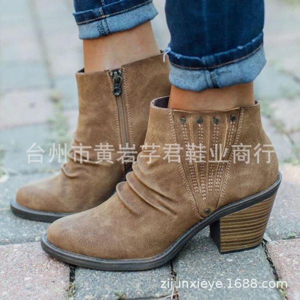 

boots 2021 autumn and winter models large size women's shoes thick heel zipper ankle 35-43, Black