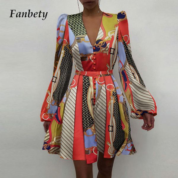 

2021 new women elegant lantern sleeve party ladies deep v neck buttons a line spring vintage print satin vestidos v6ak, Black;gray