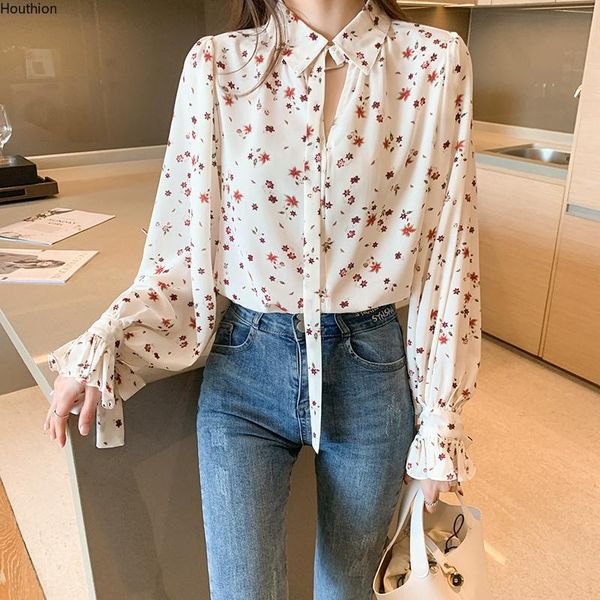 

women's blouses & shirts houthion silk long sleeved korean style printed blouse large size fashion casual shirt, White
