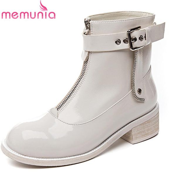 

boots memunia 2021 big size 42 women ankle patent leather round toe zip buckle low heel casual shoes woman autumn winter, Black