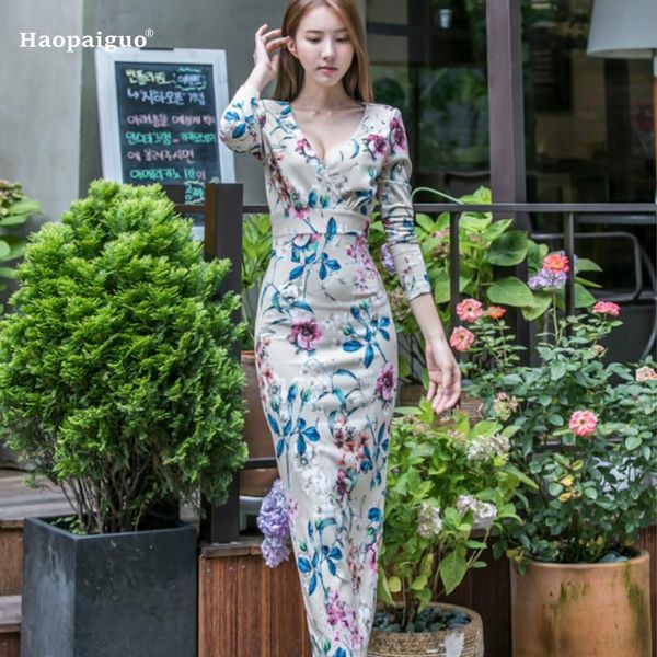 

casual dresses 2021 plus size pencil dress autumn women print full sleeve v-neck ankle-length office lady floral wrap club, Black;gray