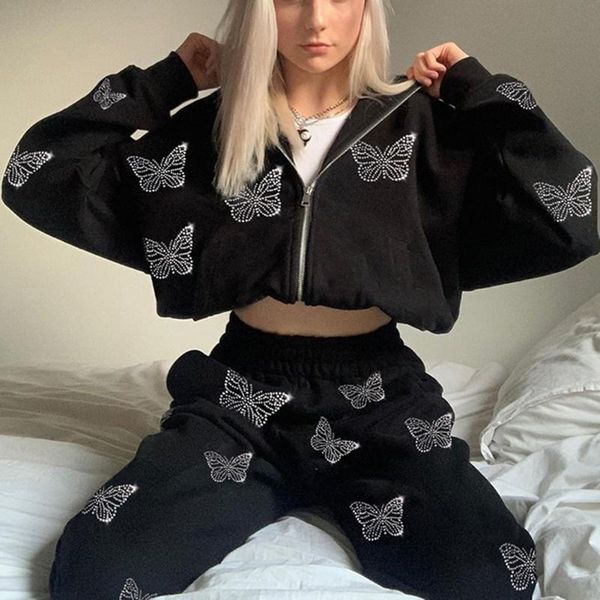 

women's two piece pants 90s streetwear butterfly print rhinestone 2piece tracksuits y2k oversized zippper hoodies sweatpants co-ord set, White