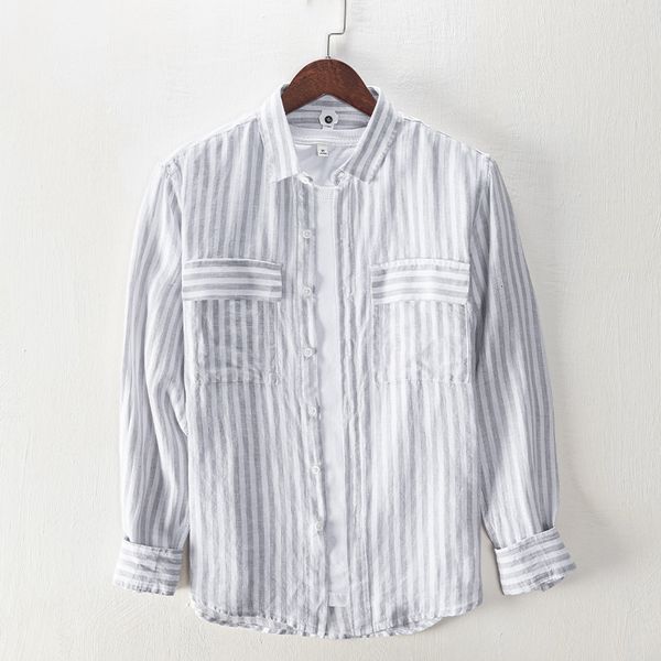 

2021 100% of long-sleeve spring linen stripe male striped casual shirts for men branded on men's shirt pksj, Black