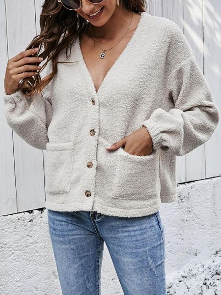 

women's wool & blends 2021 woman coat autumn winter loose fashion long sleeve lint v-neck single breasted casual, Black