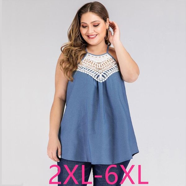 

summer plus size large womens blouses loose casual lace sleeveless straples sling shirt blue 4xl 5xl 6xl 7xl, White