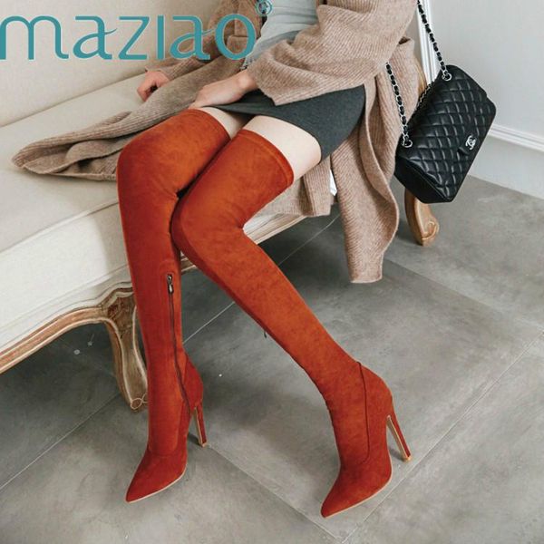 

boots thigh high womens stretch suede over the knee pointed toe zip simple thin heels party female long maziao, Black