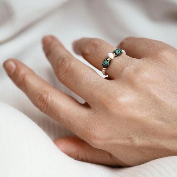 

wedding rings fine freshwater pearl for women bohemian colored natural stone ring crystal aquamarine stainless steel adjustable jewelry, Slivery;golden