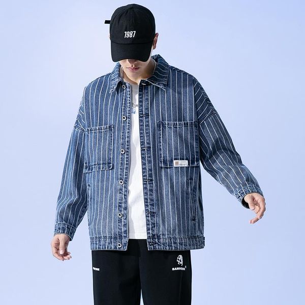 

men's jackets retro striped denim jacket male oversize loose plus size casual outerwear cotton soft jeans coats long sleeve streetwear, Black;brown