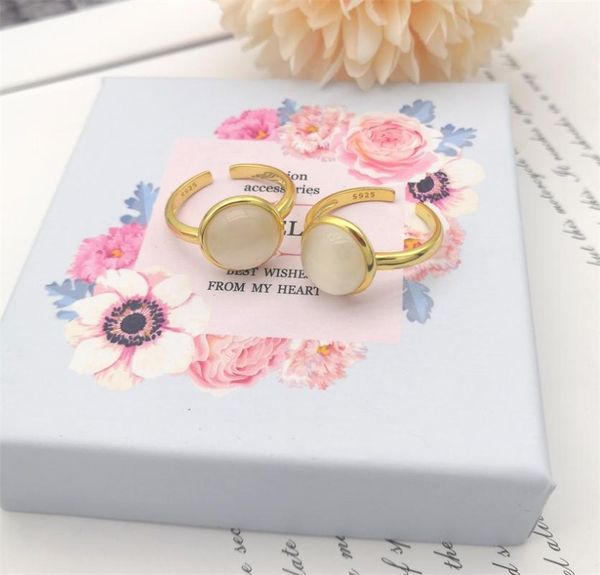 

cluster rings s925 sterling silver white cat eye stone round crystal-clear simple light luxury for women festival jewelry, Golden;silver
