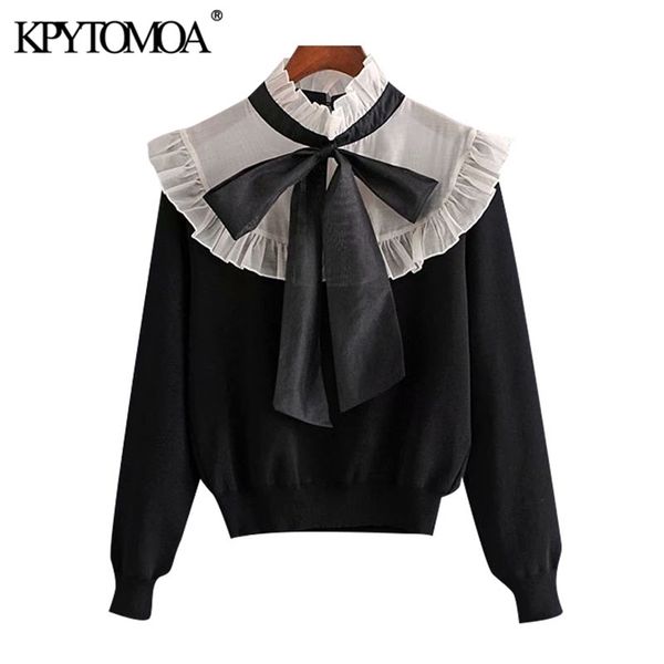 KPYTOMOA Frauen Mode Organza Patchwork Rüschen Gestrickte Pullover Vintage Hohe Kragen Fliege Weibliche Pullover Chic Tops 210806