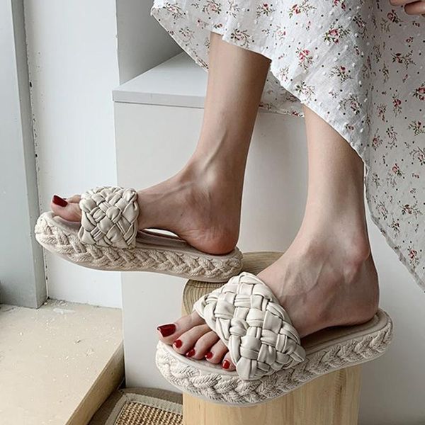 

slippers 2021 woven platform women summer casual flat heel open toe beach slides woman outdoor comfort soft sandals, Black