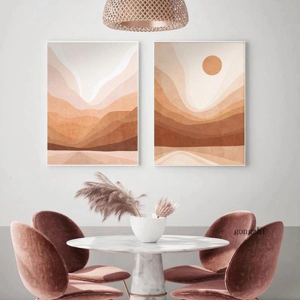 

paintings sun mountain abstract landscape poster neutral canvas painting and prints rustic boho wall art pictures living room home decor
