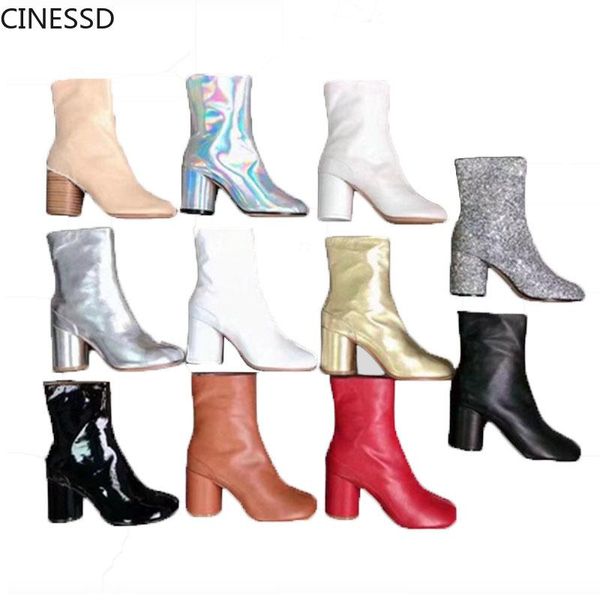 

boots split toe women cow leather ninja tabi genuine round heel ankle boot real woman high heels shoes, Black