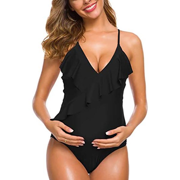 

one-piece suits women maternity swimwear pregnant one piece swimsuit summer solid beach bathing ruffles pregnancy beachwear suit