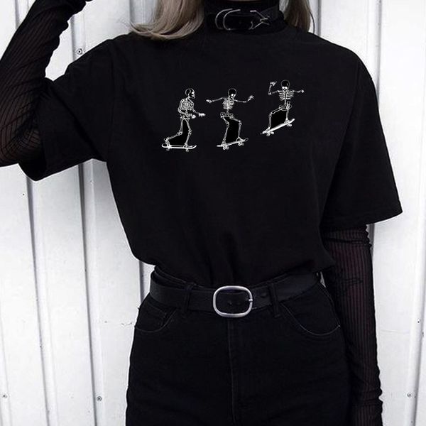 Kuakuayu hjn esqueletos skateboarding preto t-shirt tumblr moda fofo engraçado engraçado tee hipsters rua camisa roupas grunge 210315