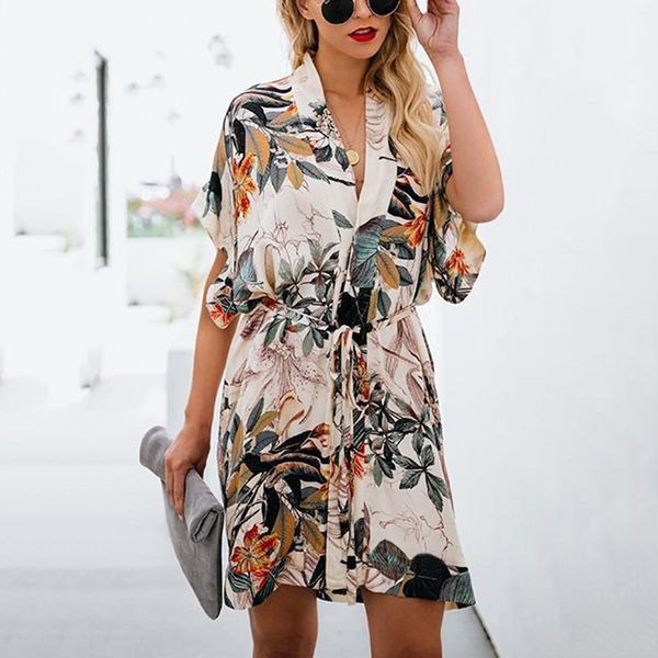 

2021 new short sleeve mini wrap dresses women bikini cover up cotton floral print summer kimono cardigan beach robe 28l4, White