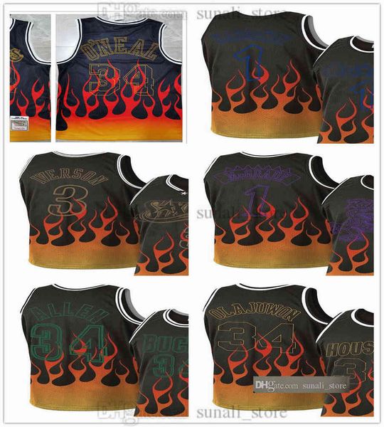 

2021 black flames jersey basketball shaquille 34 o'neal penny 1 hardaway tracy mcgrady ray allen 3 iverson hakeem olajuwon men mesh shi, Black;red