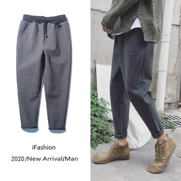

men's pants winter plus velvet thick woolen men warm fashion casual harem streetwear gray black slim trousers mens s-xl
