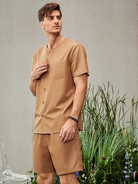 

men patched pocket shirt & shorts v0nl#, Gray