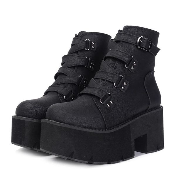 

boots spring autumn ankle women platform rubber sole buckle black leather pu high heels shoes woman comfortable the