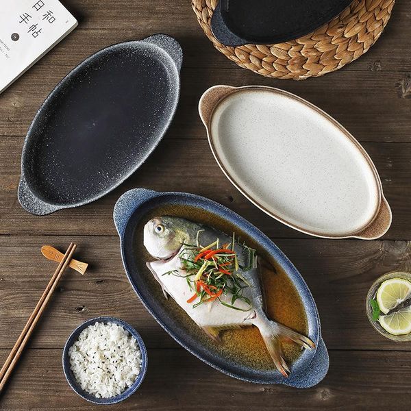 

dishes & plates japanese ceramic double ear fish plate steamed restaurant el household large dinner solid