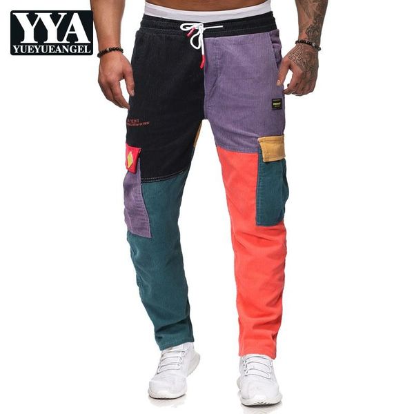 

2021 new color patchwork corduroy men pants fashion high street drawstring full length straight pants, Black