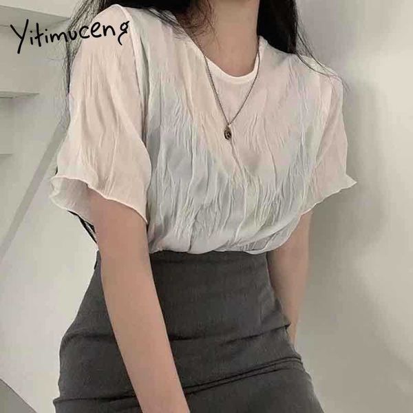 

yitimuceng ruched t shirts woman oversize chiffon tees short sleeve unicolor white blue black summer fashion tshirts 210601