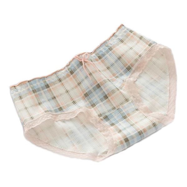 

women's panties mid-waist women underpants plaid breathable woman panti comfortable girls lace trim underwear, Black;pink