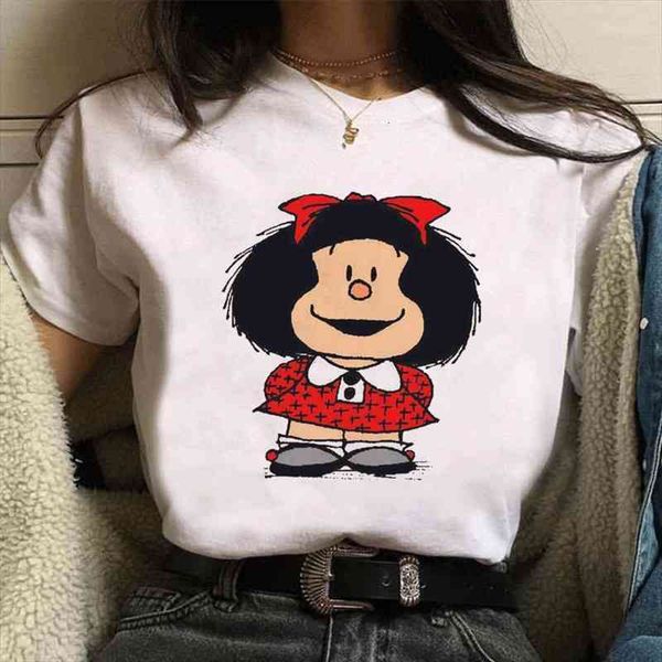 

female funny mafalda print women harajuku comic ulzzang cartoon kawaii casual korean style blouse shirt clothing streetwear, White