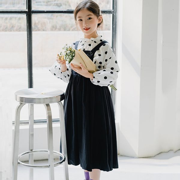 

girls clothes sets autumn 2020 kids teen girl polka dot and balack suspender skirt set childrens sets two piece suit, Red;yellow
