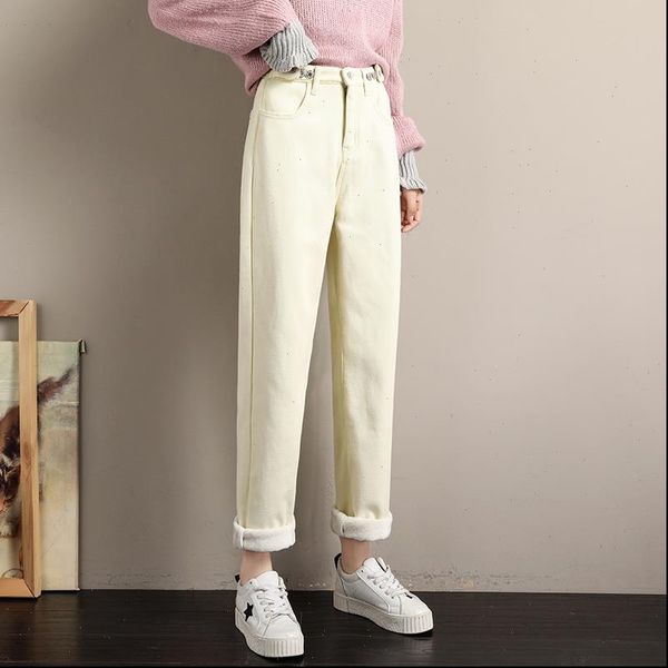 

velvet jeans femme winter casual loose warm thicken denim jeans woman plus size black high waist wide leg pants mujer, Blue
