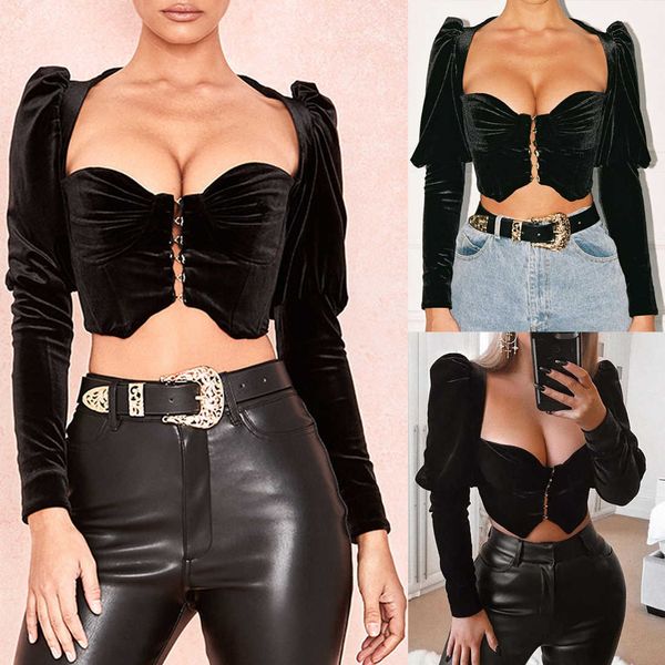 

new arrival women retro puff long sleeve t-shirt ladies vintage elegant solid square neck bustier, White