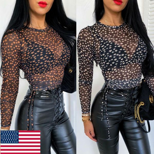 

2021 new summer womens shirts mesh see through long sleeve star printed transparent blouse star print clubwear blouse shein, White